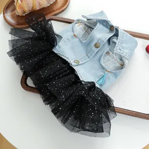 Pet denim dress with black tulle mesh skirt, stylish cute outfit for small dogs and cats.