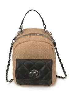 Chic woven PU contrast mini backpack for women, stylish commute shoulder bag and crossbody purse.