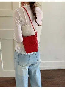 Korean style chic woven phone bag women fashion mini crossbody shoulder bag elegant red mini purse