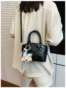 Korean style black PU leather crossbody shoulder bag with cute plush puppy pendant chic daily purse