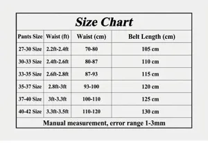 Size chart for women's genuine leather belt, guiding waist measurements and strap lengths.