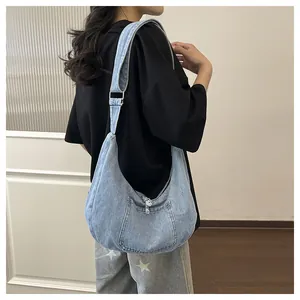 Women's denim hobo shoulder bag with large capacity and front pocket