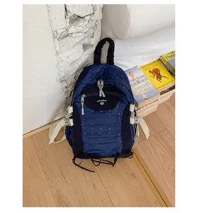 Durable blue polka dot backpack for school or travel presented in a lifestyle setting