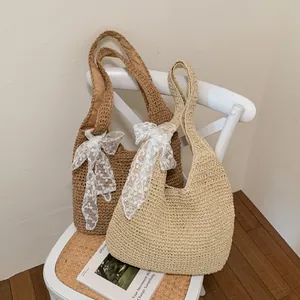 Bolso de hombro de paja de verano con lazo de encaje, bolso tote casual grande para mujeres diario.