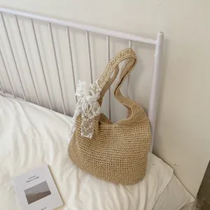 Bolso de hombro de paja de gran capacidad de verano, elegante diseño de lazo de encaje, bolso tote.