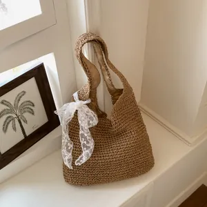 Bolso de hombro de paja de verano gran capacidad bolso casual con decoración de lazo de encaje