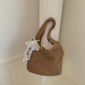 Bolso de hombro de paja de verano con lazo de encaje blanco, bolso informal para mujer commute.