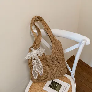 Bolso de hombro de paja de verano gran capacidad bolso tote casual con lazo de encaje elegante.