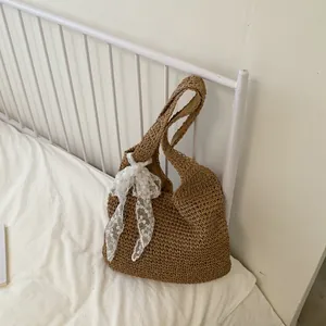 Bolso de hombro de paja tejida para mujer, gran bolso tote casual con lazo de encaje.