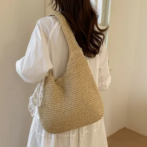 Bolso de hombro tejido de gran capacidad para mujer, bolso hobo de paja de verano elegante.