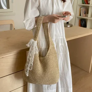 Bolso de hombro de paja de verano para mujer, bolso tote tejido grande con lazo de encaje.