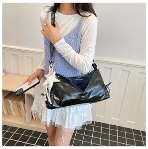Retro glossy black shoulder bag, large capacity commute crossbody bag for women's daily.
