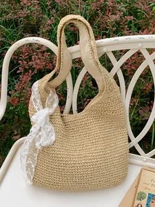 Bolso de Hombro Tejido de Paja para Mujer Gran Capacidad Bolso Tote Casual Commuter Beach con Decoración de Cinta