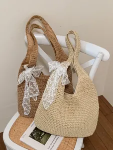 Bolso de hombro de paja tejida para mujer, bolso de mano grande de verano con lindo lazo de encaje.