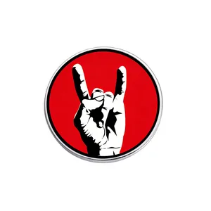 Rock on hand sign metal badge pin with red circular background for apparel