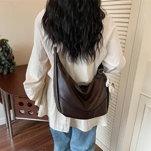 Brown Slouchy Shoulder Bag Women Casual Soft PU Leather Crescent Dumpling Crossbody Bag