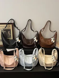 Women PU leather shoulder bag casual underarm crescent handbag with cute horse charm