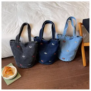 Borsa a secchiello in denim casual da donna, borsa a spalla vintage capiente, stile semplice.