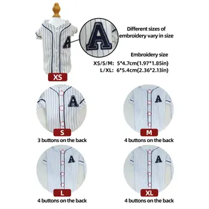 Pet dog baseball shirt detail view with stripe design letter embroidery and back buttons.