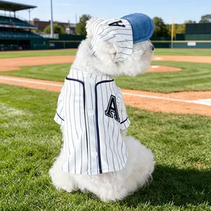 Pet dog cat baseball jersey and hat set, small puppy pinstripe sportswear apparel for pet.