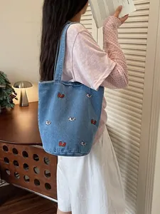 Borsa a secchiello casual in denim da donna, elegante borsa capiente con ricamo carino.