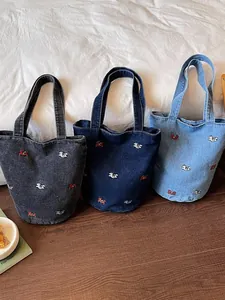Borsa a secchiello in denim casual con ricamo carino, design minimalista di grande capacità.