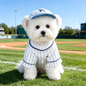 Cute pet baseball jersey and hat set detail, stylish pinstripe design for small dogs and cats.