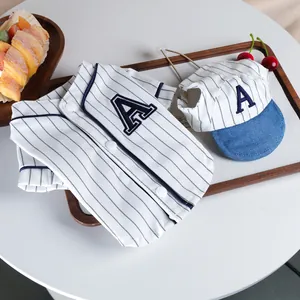 Pet baseball jersey and hat set, blue and white striped puppy dog cat apparel outfit clothes.