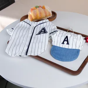 Cute pet dog cat baseball jersey and hat set, stylish white pinstripe puppy costume for small pets.