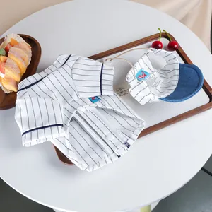Pet striped baseball shirt and hat set for small dogs and cats, stylish pet apparel outfit.