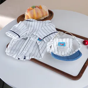 Cute pet striped baseball shirt and hat set for small dogs and cats, comfortable and stylish.