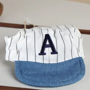 Pet baseball cap, white pinstripe with blue denim brim and embroidered letter A, cute dog cat hat.