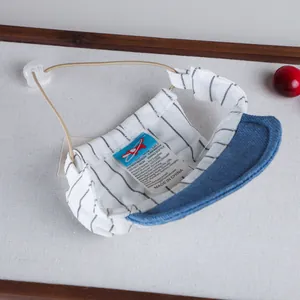 Pet baseball cap with striped pattern and blue denim brim, adjustable elastic strap.