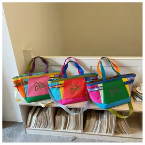 Colorblock canvas tote bag large capacity casual shoulder bag travel handbag for women