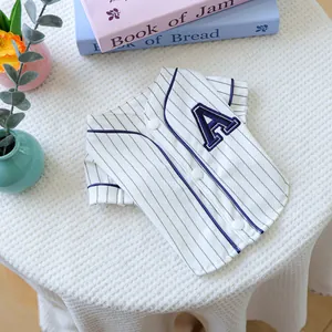 Cute striped pet baseball jersey for small dogs and cats, stylish buttons and letter patch.