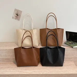 Sac cabas tisse chic grande capacite sac a epaule en cuir PU pour le travail
