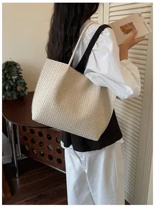 Sac cabas tissé de couleur unie style coréen, grand sac porté épaule pour le travail.