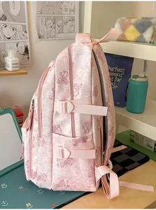 Side view of cute pink bear print backpack showing adjustable straps and buckles.