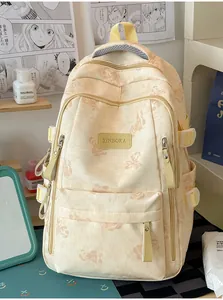 Detailed view of the cute yellow canvas backpack featuring adorable bear prints and pockets.