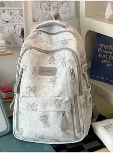 Detailed shot of the cute aesthetic grey backpack with adorable bear prints for students.