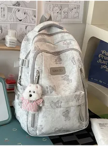 Cute bear print large capacity student backpack with plush puppy pendant for school girls
