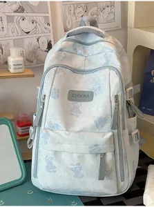 Light blue cute student backpack with bear pattern, casual school book bag for daily use.