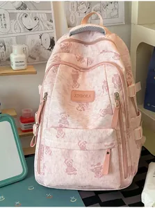 Cute pink student backpack with sweet bear print, multi-pocket college bookbag for girls.