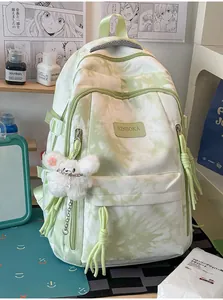 Tie-dye large capacity school backpack for students with a fluffy mouse pendant detail