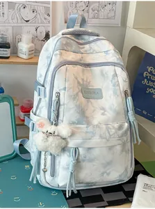 Blue and white tie-dye student backpack with large capacity and plush charm