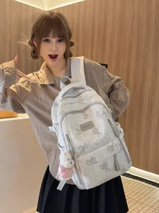 Cute sweet style student backpack with lovely bear pattern and plush pendant for daily school commuting.