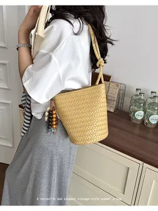 Summer vintage woven bucket bag women shoulder crossbody handbag stylish straw bag