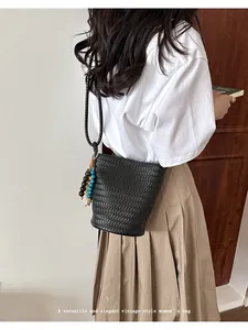 Black woven bucket bag vintage shoulder bag stylish crossbody bag for women summer