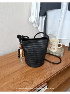 Black woven bucket bag chic minimalist shoulder bag vintage style daily casual handbag