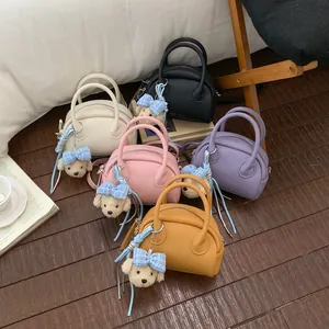 Women Fashion Boston Bag PU Leather Shell Handbag Solid Color Casual Crossbody Bag With Pendant
